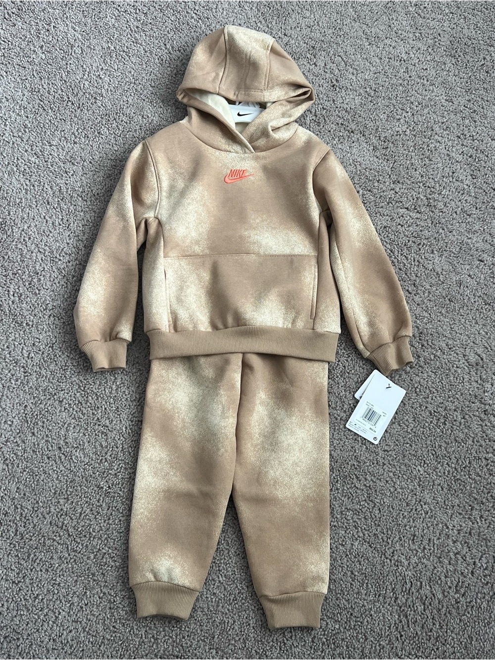Nike Kids Metallic Tan Hoodie & Jogger Set - Tan with Coral Logo 4T